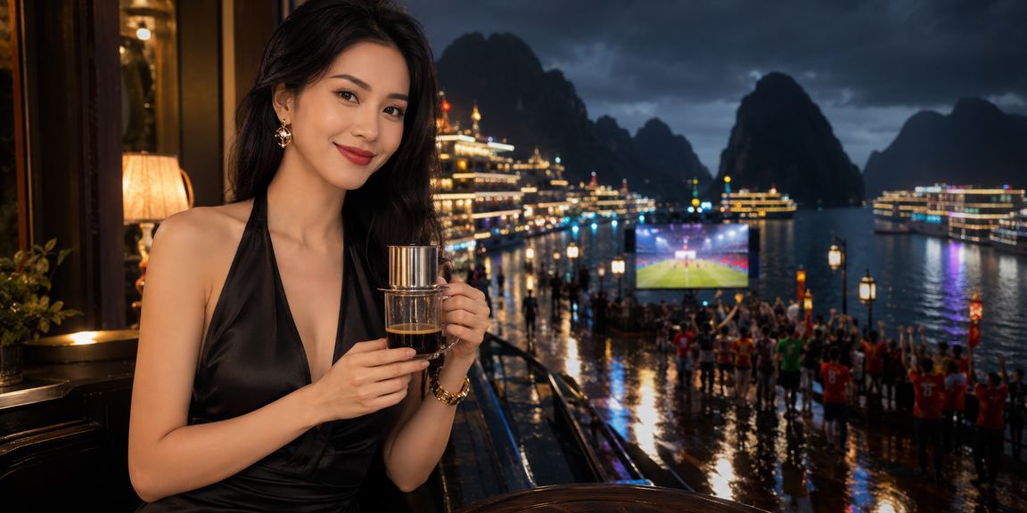 Cảnh vịnh Hạ Long và người dùng theo dõi kết quả cá cược bên tách cà phê